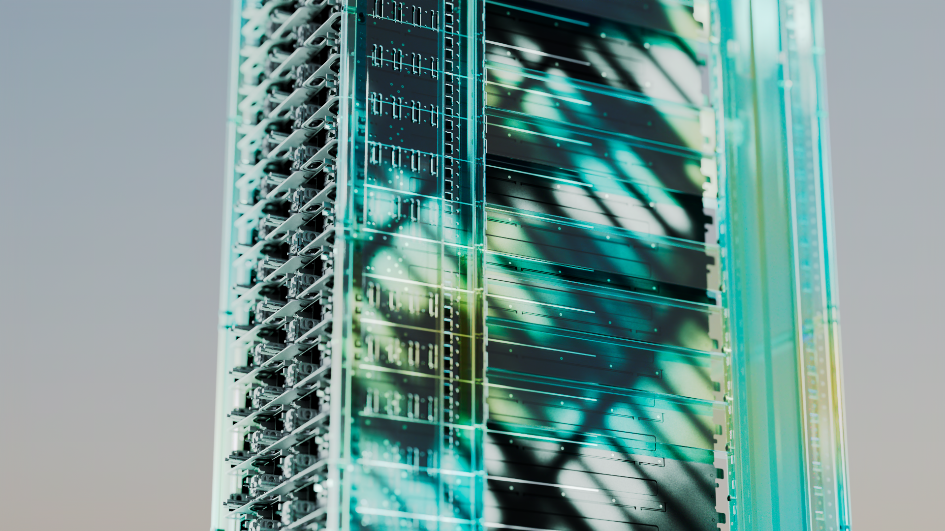 Close-up of translucent server tower